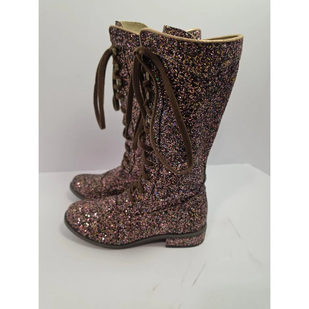 Joyfolie Keiko Tall Boots Confetti Glitter Lace Up Side Zip Kids Youth 2Y